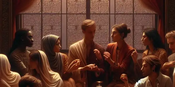 A diverse group of individuals sharing an intimate moment in a luxurious, dimly lit room.