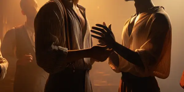 A dimly lit room featuring a diverse cast engaged in a sensual and intimate scene.