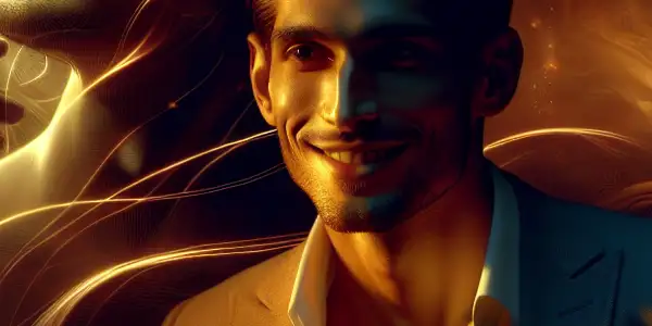 A character with a delicate smile in an intimate, warmly lit room, evoking seduction and emotional depth.