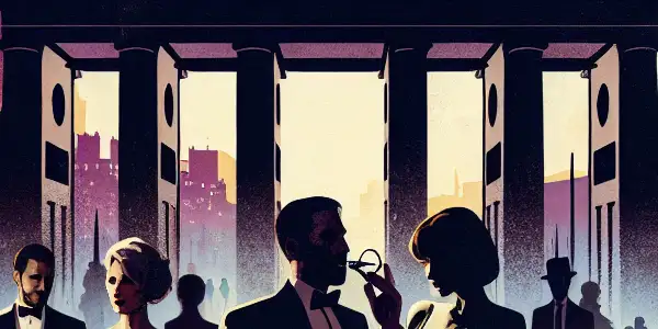 A twilight Berlin cityscape featuring the Brandenburg Gate, with elegantly dressed individuals engaged in a passionate social gathering.