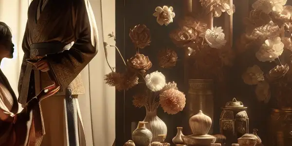 A romantic scene featuring an Eastern beauty and a Western figure in an intimate, culturally blended setting.