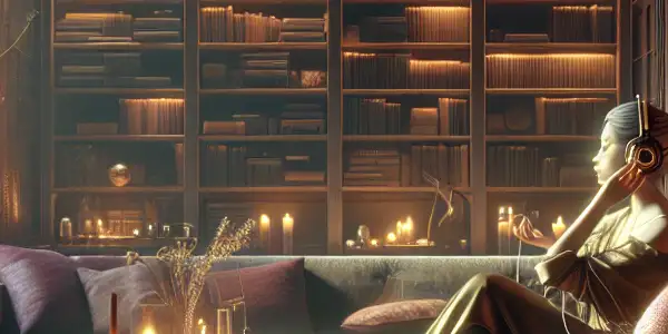 A cozy, dimly lit room with a person immersed in audio, surrounded by books and sensual decor.