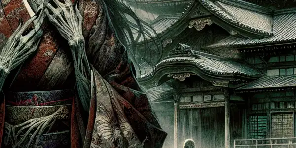 A haunting female zombie in a tattered kimono amidst a dark Edo-period landscape with ghostly apparitions.
