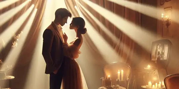 An intimate room with two figures sharing a passionate moment, surrounded by elegant furnishings and soft, warm lighting.