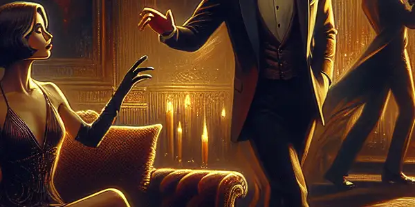 A dimly lit luxurious room with two figures in intimate interaction, embodying sensuality and desire.