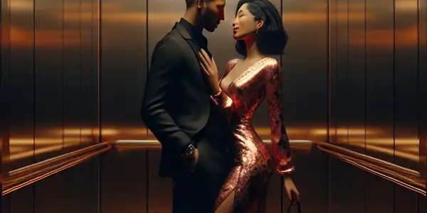 A tense, intimate moment between two stylish characters in a dimly lit elevator.