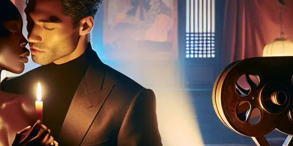 A couple embraces in a dimly lit, elegant room, evoking passion and emotional connection within a Korean cinematic context.