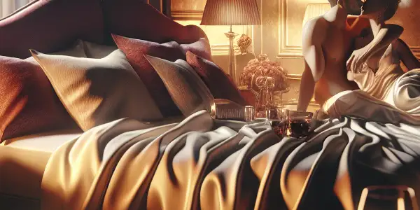 A romantic bedroom scene featuring a couple in an intimate embrace, surrounded by plush furnishings and warm candlelight.