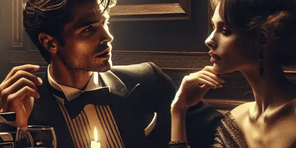 A couple shares an intimate conversation in a dimly lit Parisian café, surrounded by vintage decor and film elements.