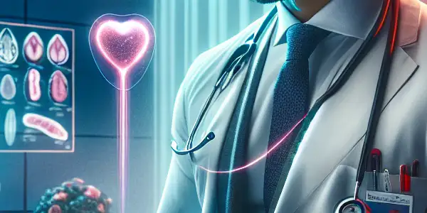 A confident doctor and intrigued patient share a tense, intimate moment in a modern medical examination room.