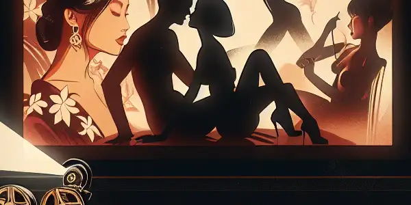 A luxurious cinema showcasing Asian erotic films, featuring plush seats, a vintage projector, and a stylish couple discussing Korean cinema.