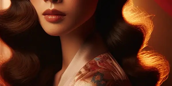 A captivating female figure in an elegant pose, set in a romantic, softly lit bedroom with Eastern aesthetic elements.