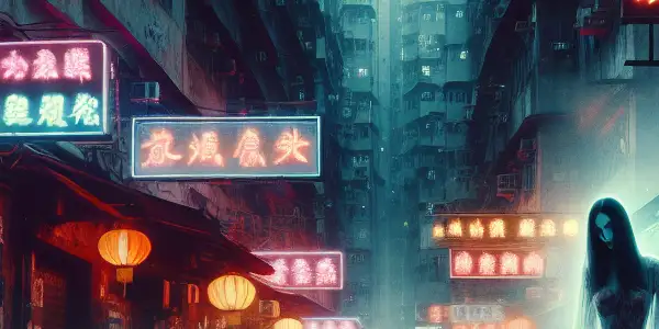 A ghostly figure in a dimly lit Hong Kong alley, blending allure and fear amidst neon signs and fog.