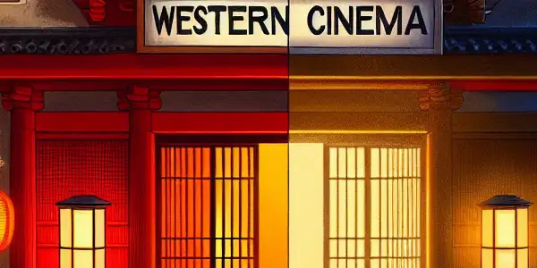 A dramatic film set contrasting elements of Japanese and Western adult cinema, evoking intrigue and cultural themes.