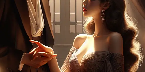 A stylish couple embraces in a dimly lit, luxurious room, surrounded by romantic props and an intimate atmosphere.