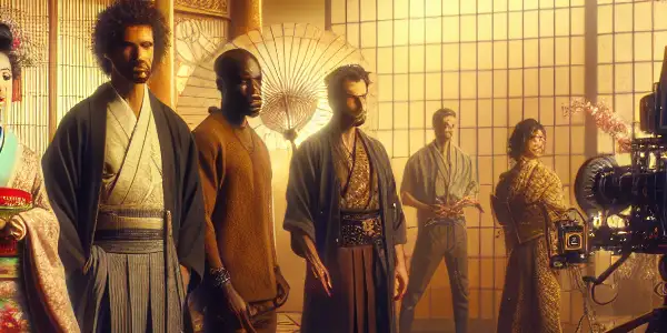 A vibrant film set blending traditional Japanese culture with modern adult entertainment, featuring actors in elegant kimonos and stylish clothing.