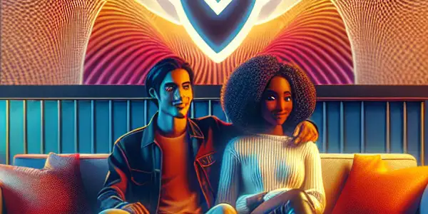 A stylish couple enjoys safe adult entertainment in a cozy, modern living room with vibrant colors and soft lighting.