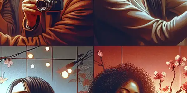 A cozy gathering of diverse individuals capturing joyful self-portraits in a warmly lit, intimate setting.