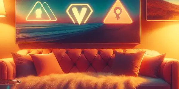 A cozy room with warm lighting, featuring a laptop displaying abstract adult content and symbols of privacy and security.