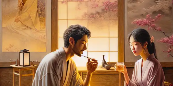 An intimate scene of a man and woman conversing in a cozy Japanese room with cherry blossoms and soft lighting.<a href=