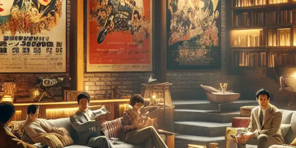 A cozy, vintage-themed lounge filled with classic Japanese adult film memorabilia and animated discussions among enthusiasts.