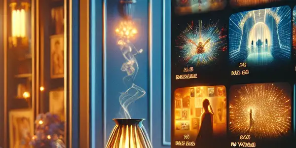 A modern digital interface displaying adult film thumbnails in a cozy, inviting atmosphere with warm lighting.