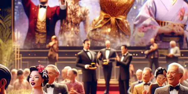 A glamorous award ceremony celebrating achievements in the adult film industry with diverse actors, golden awards, and elegant decor.