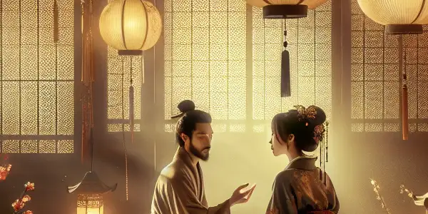A romantic scene in a softly lit Japanese room with two characters in traditional attire sharing an intimate moment.