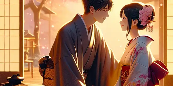 A romantic scene in a traditional Japanese room with two characters sharing a tender moment amidst cherry blossoms and soft lighting.