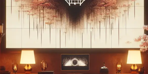 A stylish, dimly lit room featuring a large screen displaying abstract adult film visuals, exuding sophistication and intimacy.