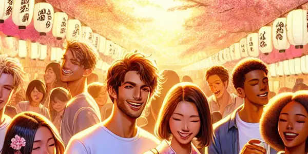 A lively summer festival scene with young adults in colorful outfits, cherry blossoms, and playful interactions.