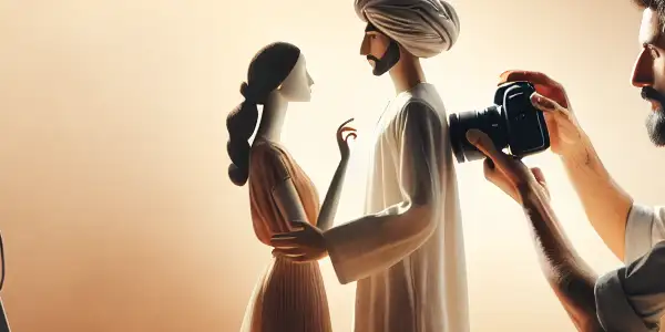 A photographer captures an intimate moment between two confident models in a warm, serene studio setting.