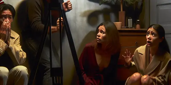 A tense moment during the filming of an adult film in a dimly lit, makeshift studio.