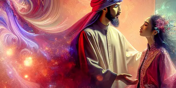 A romantic scene featuring a male and female character in an intimate, emotionally charged setting with vibrant colors.