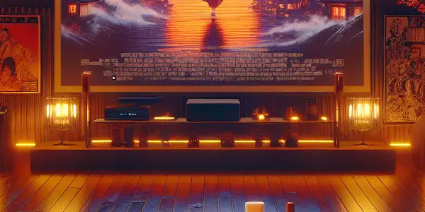 A cozy room featuring a large screen displaying a classic Japanese AV film, with plush seating and gourmet snacks.