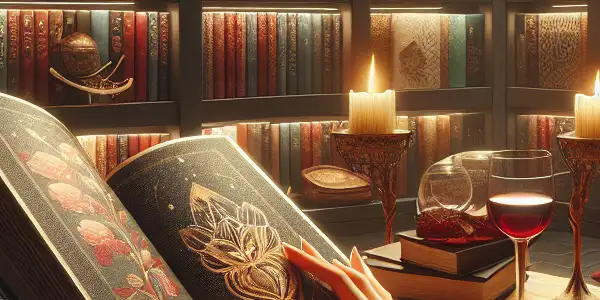 A cozy reading nook featuring erotic literature, illuminated by soft lighting, with romantic illustrations and modern digital elements.