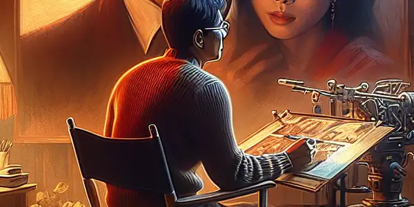 A mid-aged male director contemplates a romantic scene in a cinematic studio filled with Korean cultural elements.